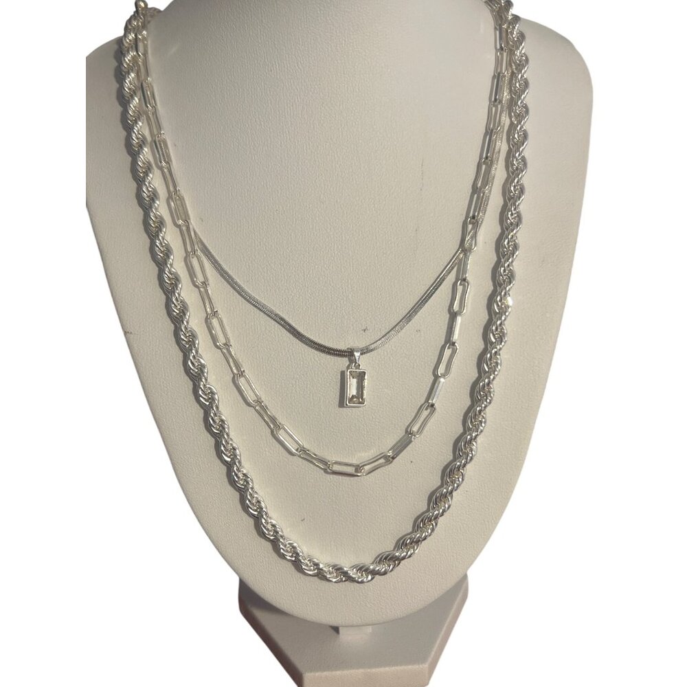 Mixit Silver Plated Layered Necklace Multi Chain Clear Rhinestone Sensitive Skin